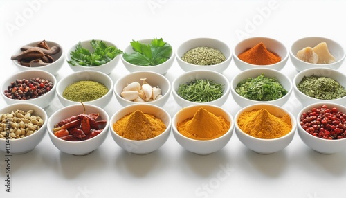 Wallpaper Mural Asian Flavors: A High-View of Spices on a White Background"
"Culinary Colors: Basil, Chili, and More in a Spicy Array" Torontodigital.ca