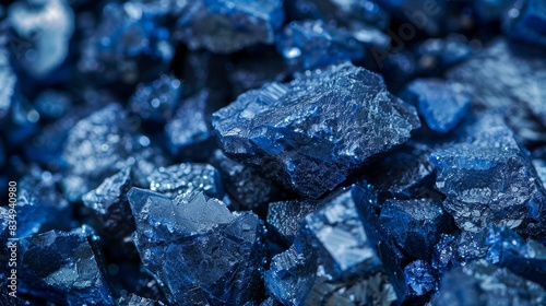 A close-up macro photograph of a pile of blue crystals