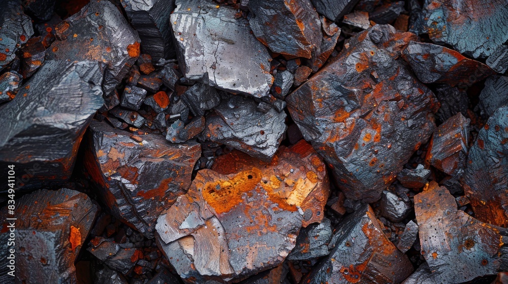 A close up shot of a pile of dark grey iron ore rocks, some with a rusty orange patina A close up shot of a pile of dark grey iron ore rocks, some with a rusty orange patina