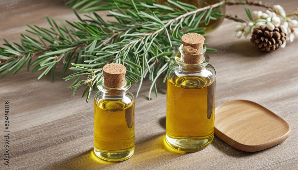 Fototapeta premium Organic Cedarwood Essential Oil for Natural Care and Wellness in a Pine Cone Bottle