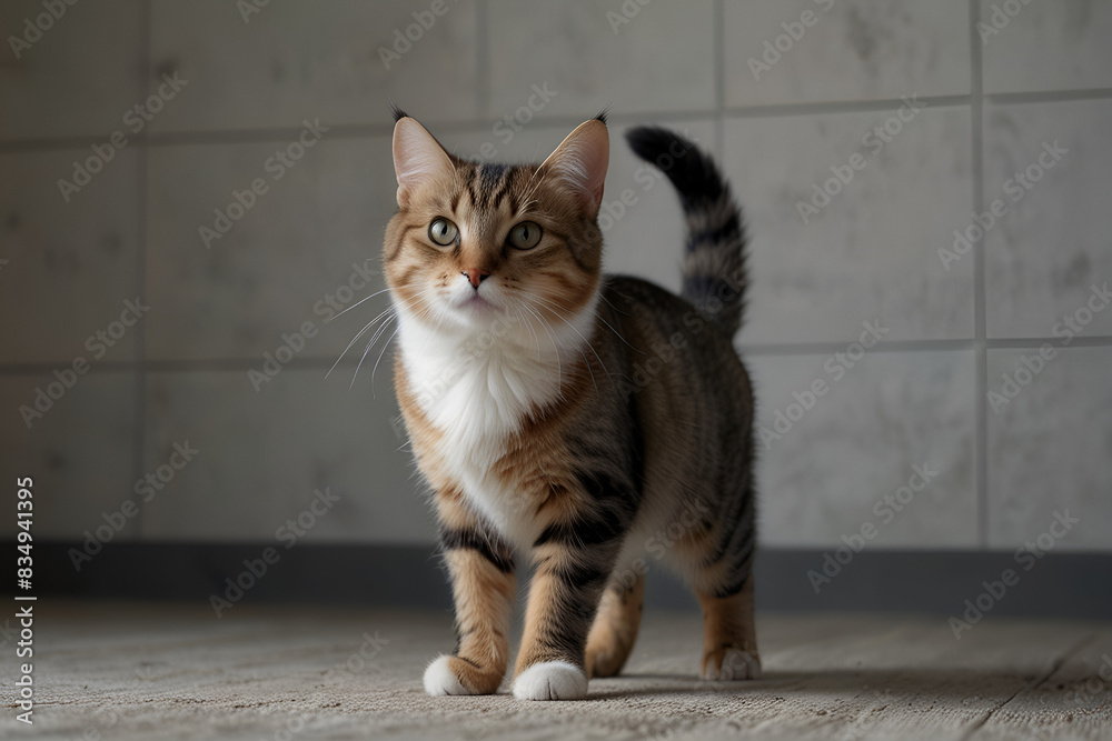 A cute, short-haired cat with a tabby pattern stands confidently, showcasing its striped tail and white chest against a tiled background. A cute, short-haired cat with a tabby pattern stands confidently, showcasing its striped tail and white chest against a tiled background.