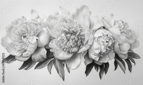 Black and white illustration of peonies