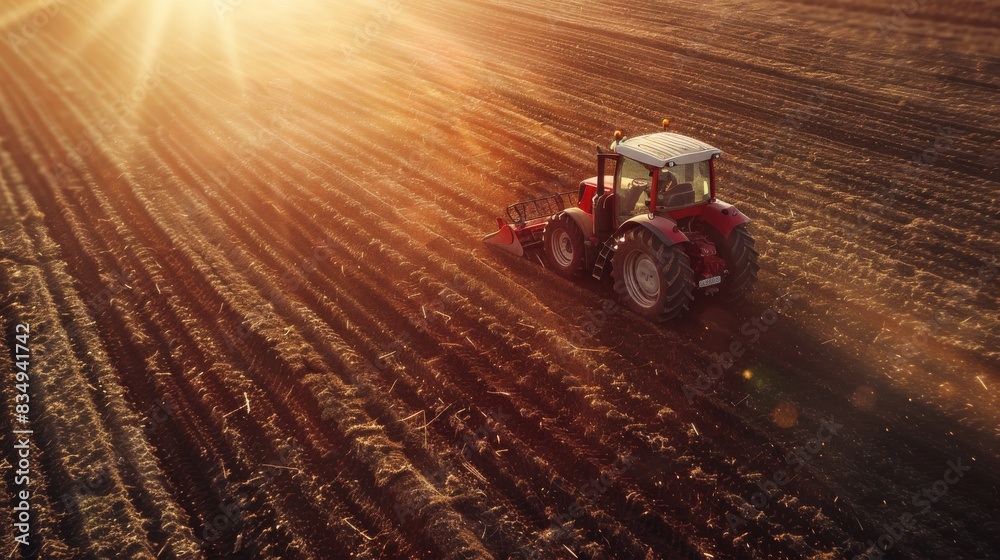 An aerial view of a red tractor cultivating a field at sunset An aerial view of a red tractor cultivating a field at sunset