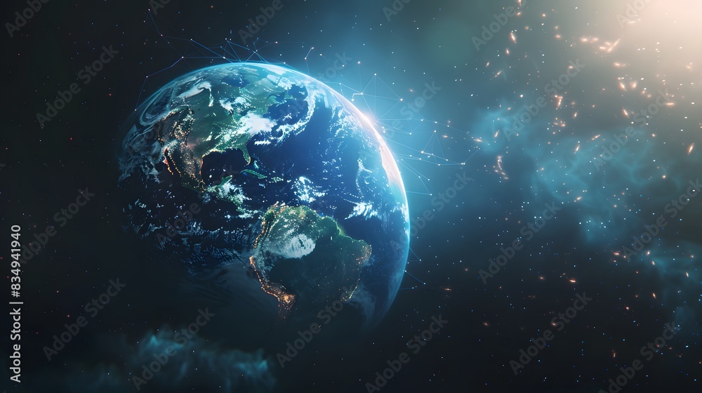 Fototapeta premium A digital illustration of Planet Earth surrounded by interconnected global network lines against a futuristic background.