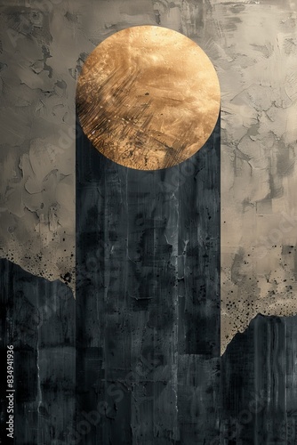 An abstract painting with a gold circle on a black and grey textured background