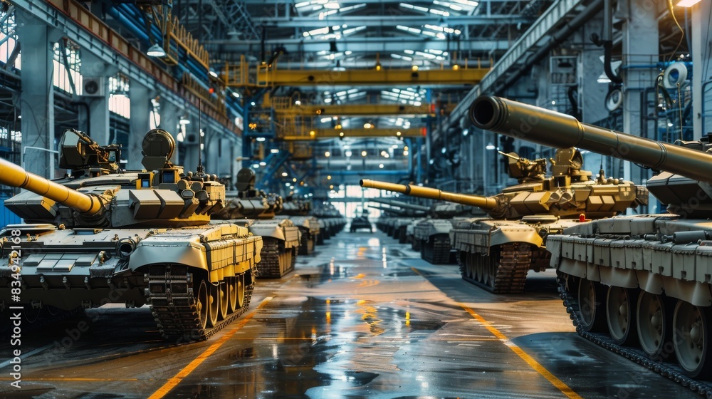 A line of tanks stands ready inside a large industrial factory building A line of tanks stands ready inside a large industrial factory building