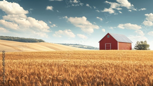 A lone red barn stands in a field of golden wheat  with a blue sky and fluffy white clouds in the background