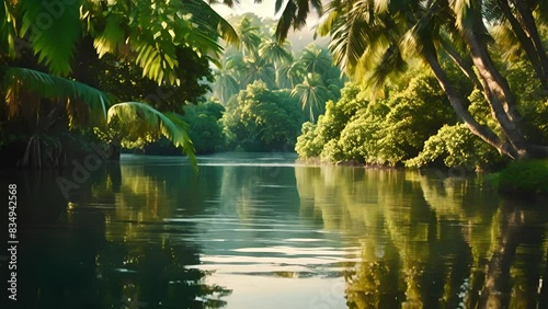 A tranquil tropical river meandering through lush greenery, reflecting nature’s serenity photo