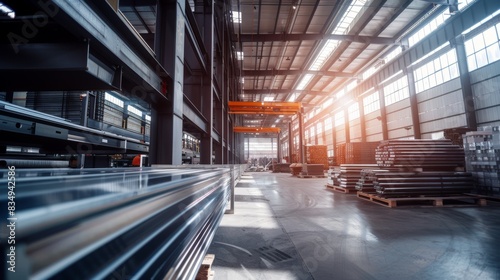 A wide shot of a large industrial warehouse with stacked steel pipes in the foreground and metal beams in the background. The sun shines through the windows