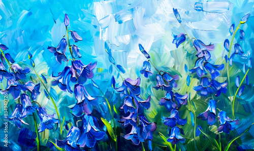 Bluebells in acrylic painting, brush texture, blue flowers