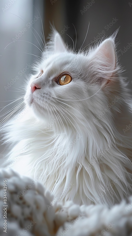 Obraz premium A close-up shot of a white cat with yellow eyes looking upwards. The cat is sitting on a white blanket, with a bright window in the background