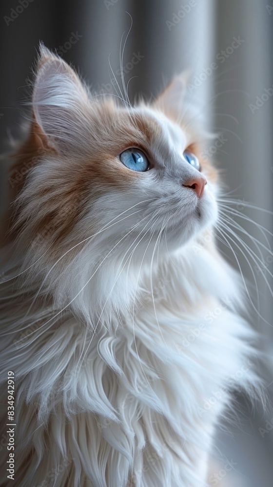 A close-up portrait of a white and orange domestic cat looking up with blue eyes. The cat is in front of a window with soft light coming in A close-up portrait of a white and orange domestic cat looking up with blue eyes. The cat is in front of a window with soft light coming in