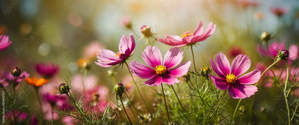 Beautiful spring summer bright natural background with colorful cosmos flowers close up. Generated AI Beautiful spring summer bright natural background with colorful cosmos flowers close up. Generated AI
