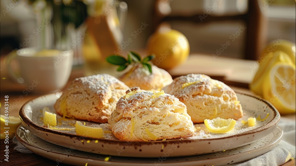 A kitchen table setting featuring freshly baked lemon scones arranged elegantly on a rustic ceramic plate. The scones are golden-brown. Generative AI.