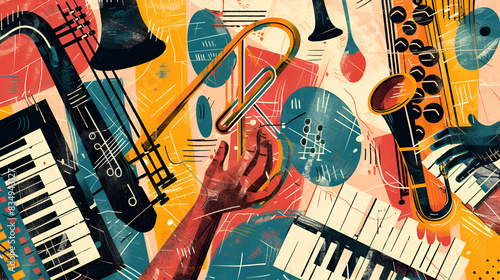 Jazz music instrument and human hands in retro collage vector illustration