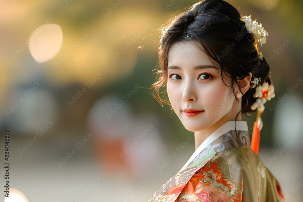Portrait of a beautiful Asian woman in traditional Korean dress, or Hanbok Portrait of a beautiful Asian woman in traditional Korean dress, or Hanbok