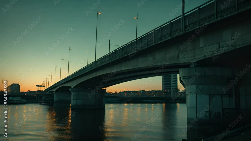 A bridge illuminated by lights spans a waterway at dusk, with reflections visible A bridge illuminated by lights spans a waterway at dusk, with reflections visible