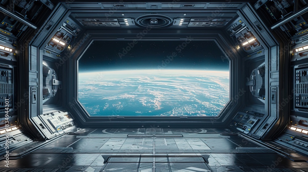 Bright spaceship interior with a view out a dark window Bright spaceship interior with a view out a dark window