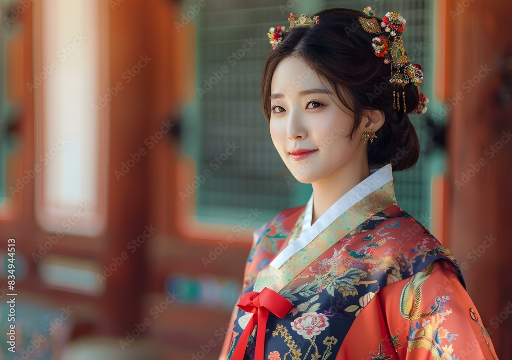 Portrait of a young woman in traditional Korean dress, or Hanbok