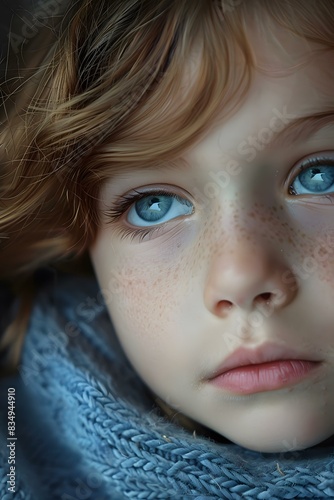 Portrait of a young girl with freckles and blue eyes