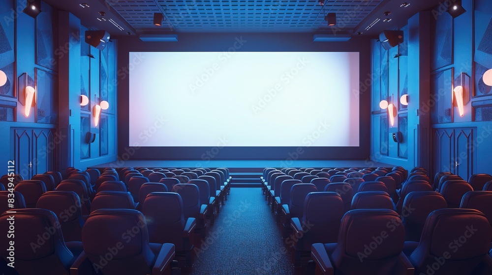 custom made wallpaper toronto digitalBlue cinema hall with white blank screen and empty seats. Concept of movie theater, entertainment, and leisure