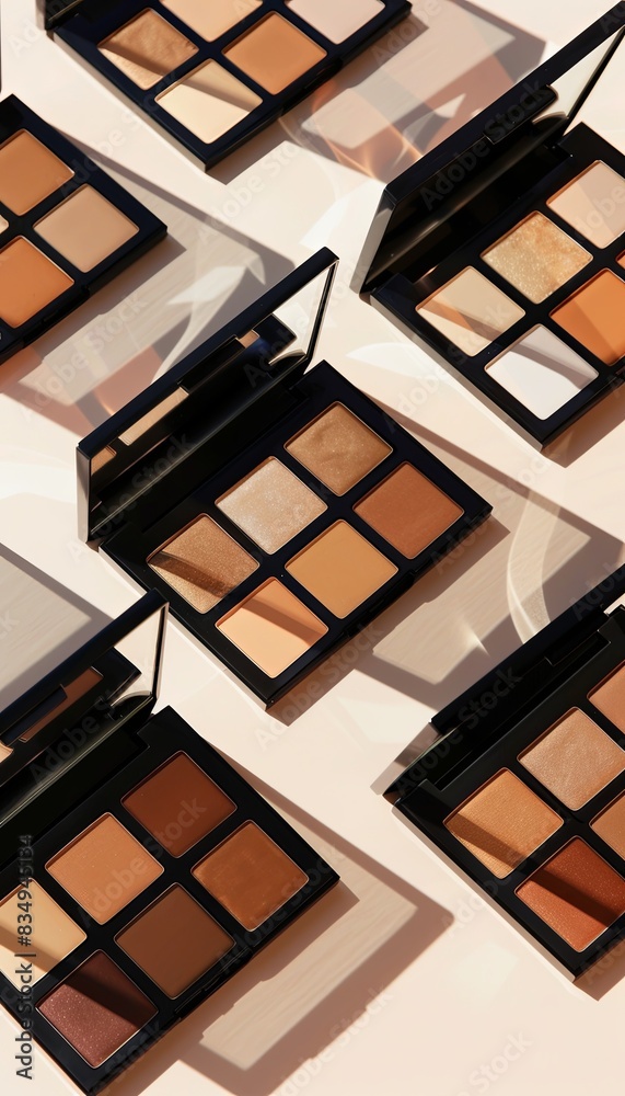 A close-up view of various contouring and highlighting palettes arranged neatly on a light surface. Generative AI A close-up view of various contouring and highlighting palettes arranged neatly on a light surface. Generative AI