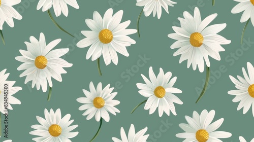 Seamless pattern of white daisies with yellow centers on a green background, perfect for springtime designs and floral-themed projects.