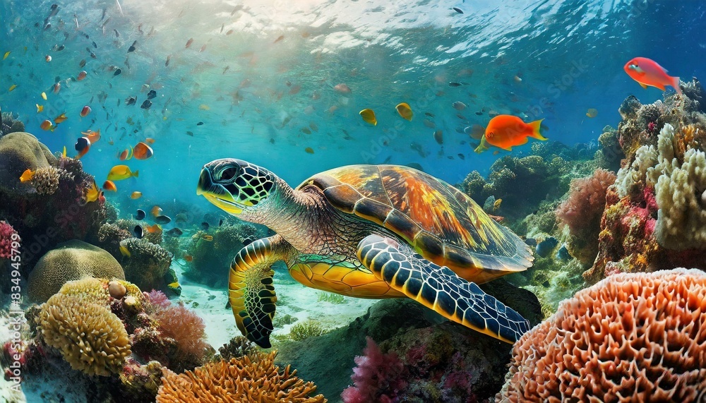 Obraz premium Dynamic underwater landscape with a turtle, various colorful fish, and sea animals, framed by lively coral formations.
