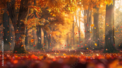 Fototapeta Naklejka Na Ścianę i Meble -  landscape autumn fall lake sunset maple tree, foliage, wooden table wallpaper background