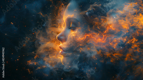 Portrait of a woman disintegrating expressions within own mind Abstract background photo