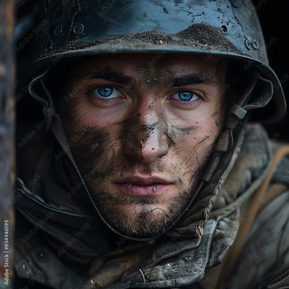 Portrait of a young soldier with blue eyes and a dirty face Portrait of a young soldier with blue eyes and a dirty face