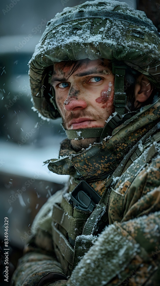 Fototapeta premium Portrait of a soldier in the winter in the snow