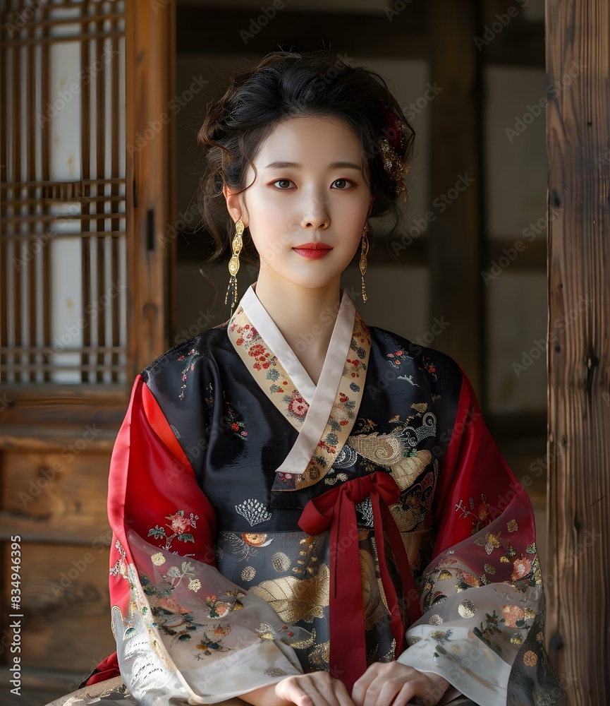 Portrait of a beautiful young Korean woman in traditional Hanbok dress Portrait of a beautiful young Korean woman in traditional Hanbok dress