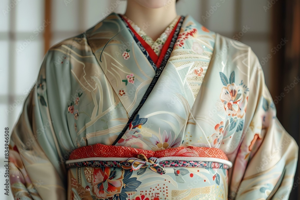 Close up of woman wearing kimono with floral pattern