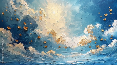 A serene sky blue impasto painting, with the texture mimicking fluffy clouds, decorated with golden sunflower petals. 