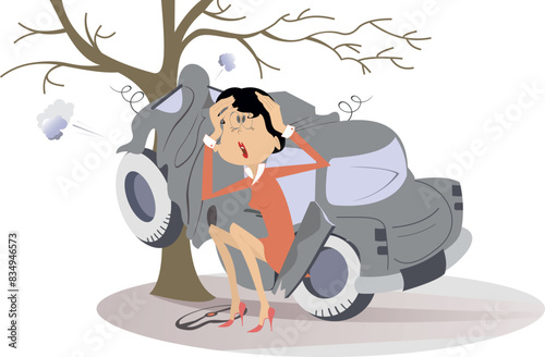 Road accident. Broken car.  Woman in shock.
Upset woman seats near a car which crashed into a tree
