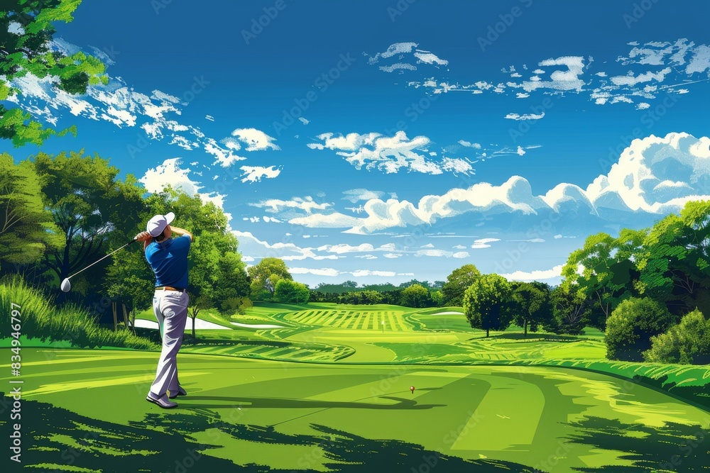 A golfer teeing off on a vibrant green golf course under a clear blue sky, creating a serene and picturesque scene. A golfer teeing off on a vibrant green golf course under a clear blue sky, creating a serene and picturesque scene.