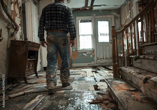 man walking through a destroyed house © Adobe Contributor