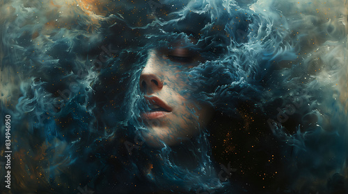 Portrait of a woman disintegrating expressions within own mind Abstract background