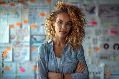 Young professional woman with curly hair in front of brainstorming wall