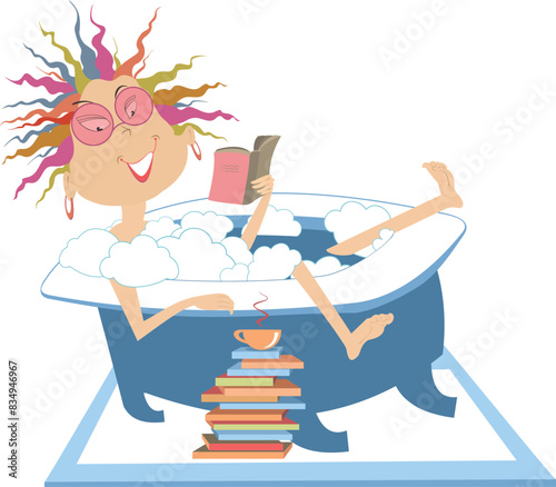 Woman takes a bath, reads a book and drinks coffee or tea. 
Smiling young woman lies in the bathtub, has coffee or tea and reads books isolated on white
