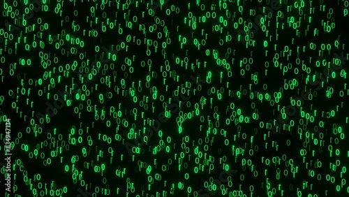 Green glowing binary numbers raining (falling) down on black background. 3D rendering as infinite looping animation of computer coding and digital technology
