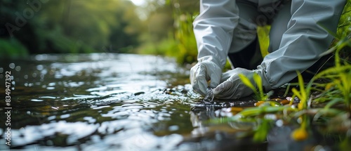 Obraz na płótnie An environmental scientist collecting water samples from a river close up, research theme, realistic, blend mode, riverbank backdrop w salonie