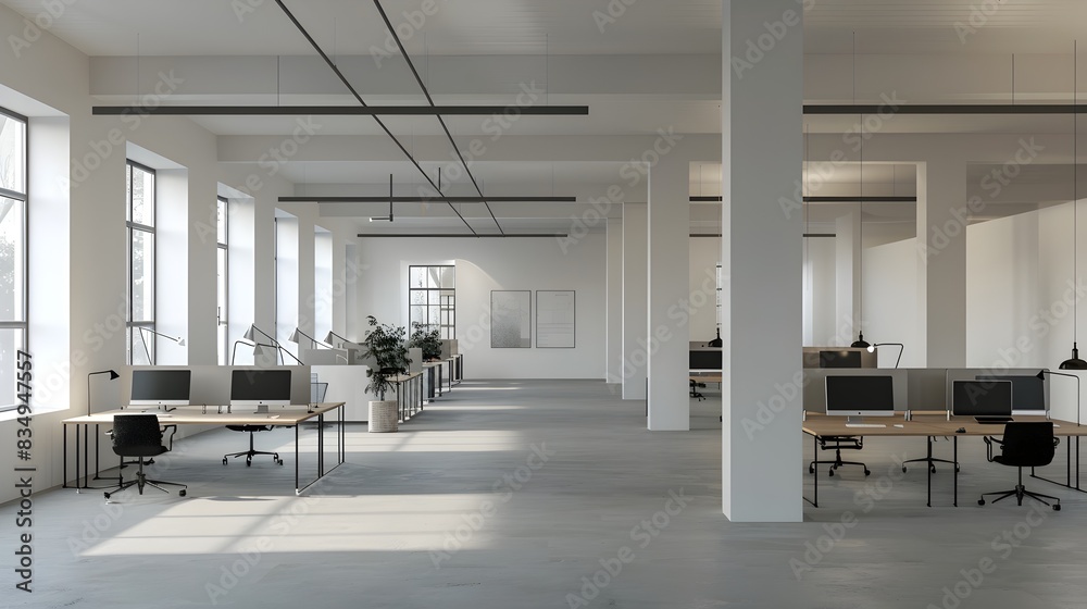 Bright and Airy Modern Office Workspace with Desks and Computer Equipment Bright and Airy Modern Office Workspace with Desks and Computer Equipment