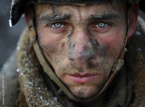 Portrait of a soldier with blue eyes and a dirty face photo