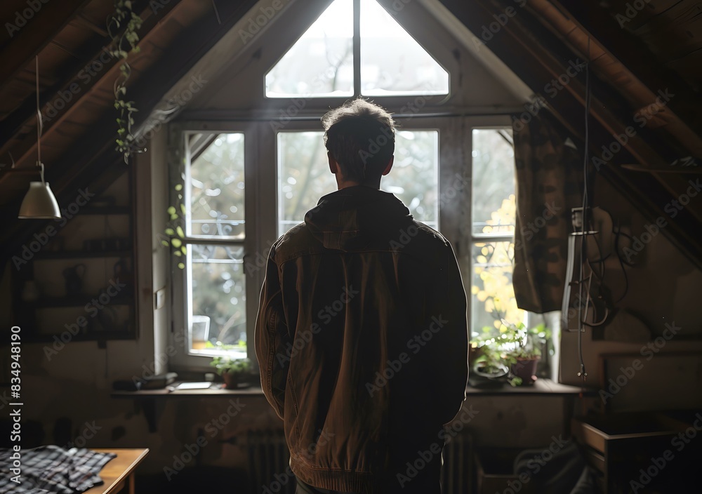 man looking out window in attic
