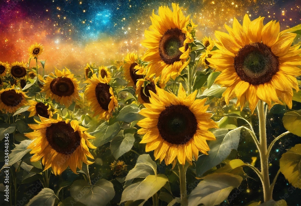 Fototapeta premium Sunflowers and swirls cascading across the backgro