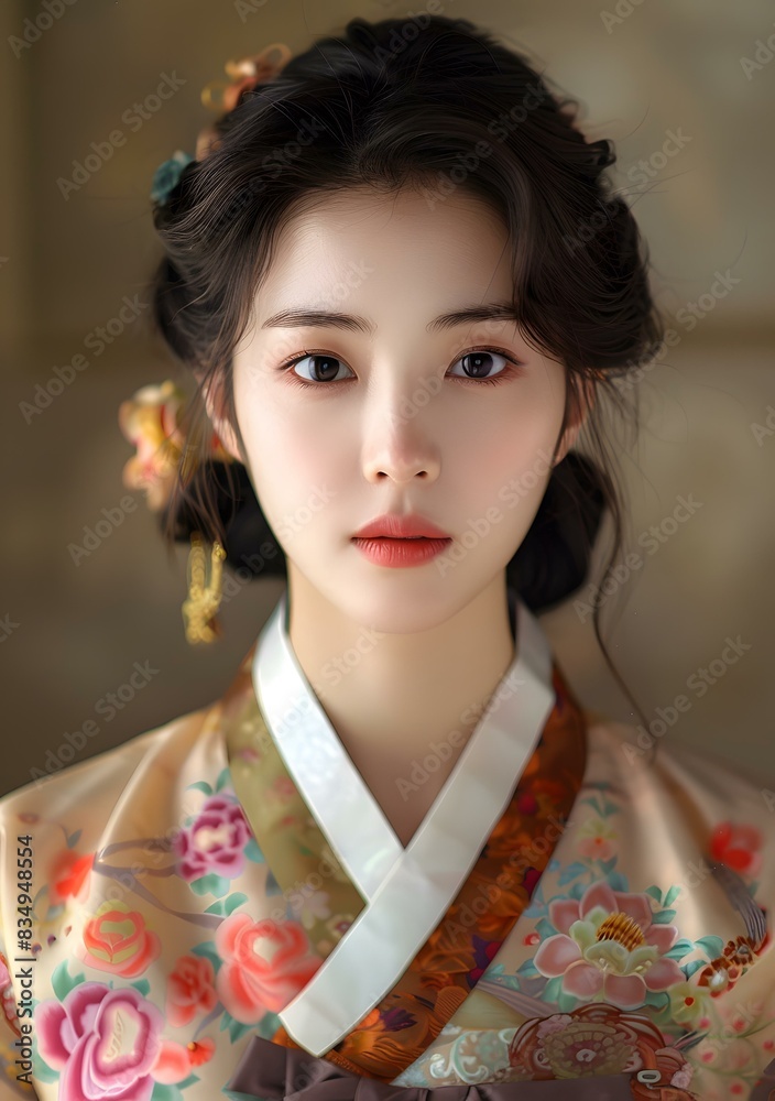 Fototapeta premium Portrait of a young woman in traditional Korean dress