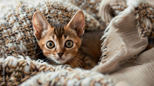 Abyssinian kitten with bulging eyes and raised ears in a soft white blanket