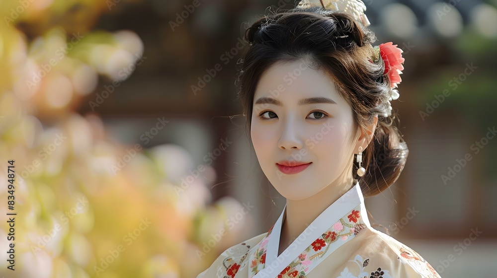 Portrait of a young Korean woman in traditional Korean dress, or Hanbok Portrait of a young Korean woman in traditional Korean dress, or Hanbok